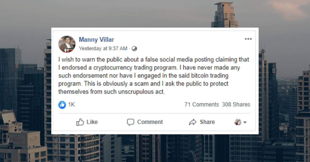Photo for the Article - Philippines Ex-Senator Manny Villar Denies He is Endorsing Cryptocurrency