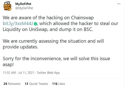 Photo for the Article - My DeFi Pet Liquidity Hack on Chainswap: What Happened?
