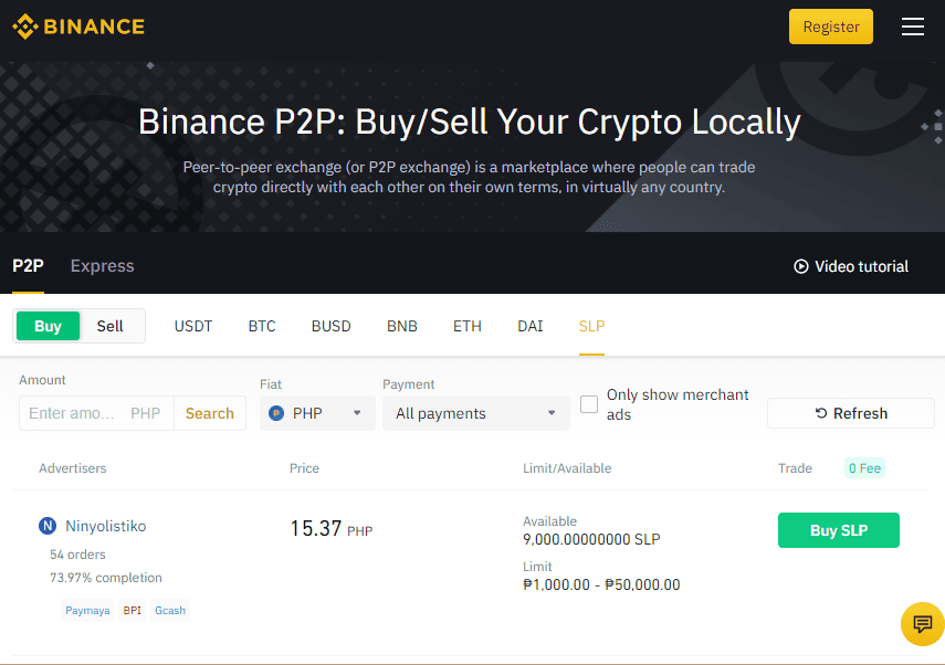 Photo for the Article - You Can Now Directly Trade SLP to PHP in Binance P2P