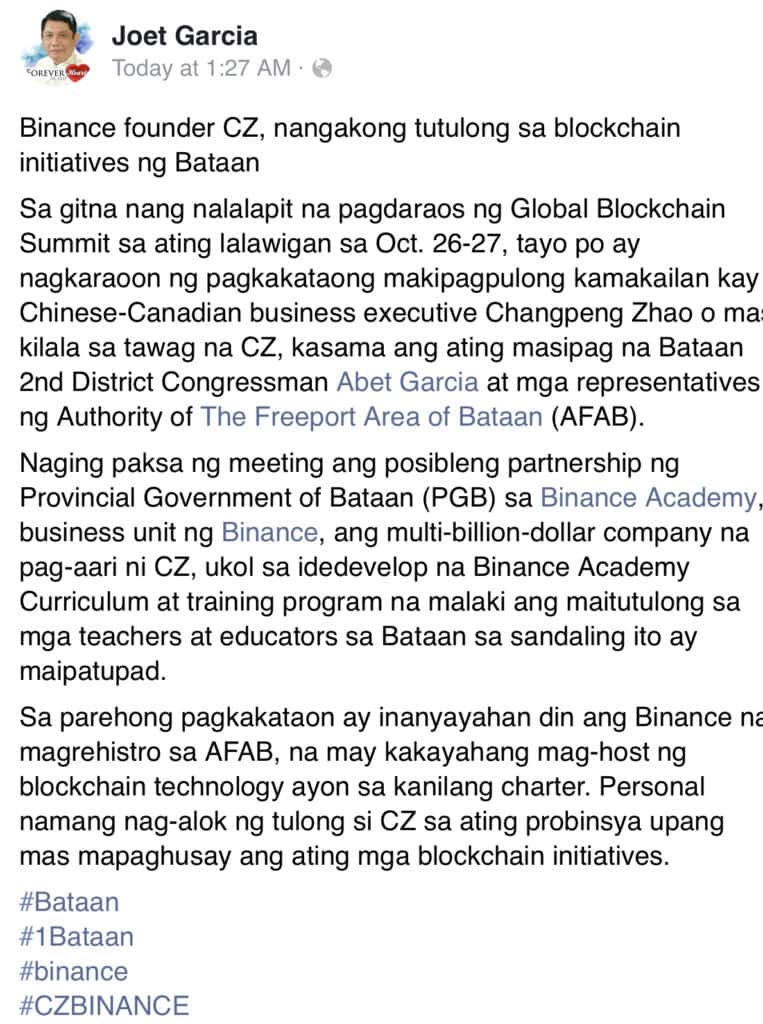 Photo for the Article - Bataan Governor Explores Possible Partnership With Binance