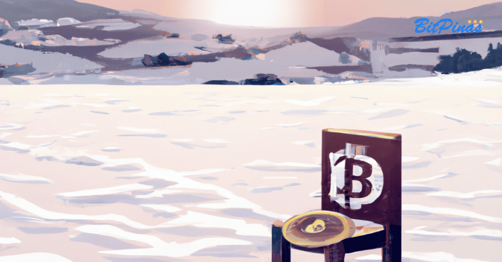 Bitcoin on a seat with snow background