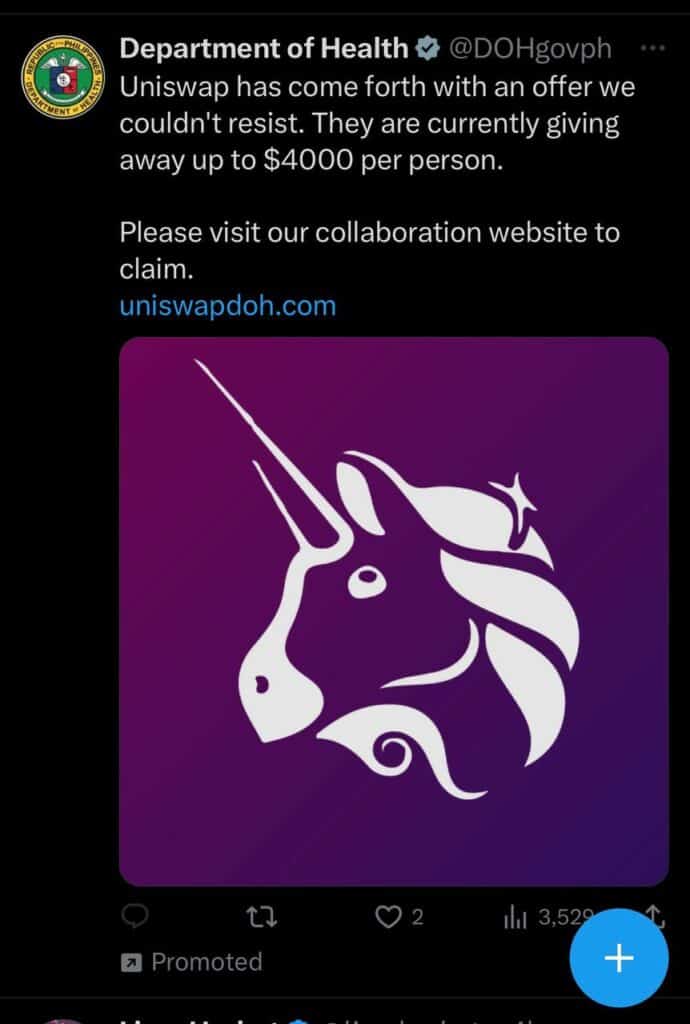 Photo for the Article - Department of Health Philippines' Twitter Account Briefly Hacked, Promoting Fake Uniswap Airdrop