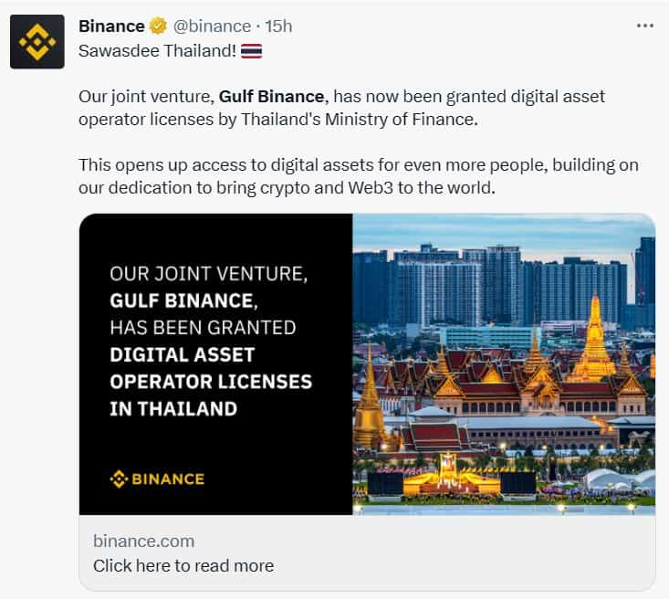 Photo for the Article - Binance Joint Venture Receives License in Thailand
