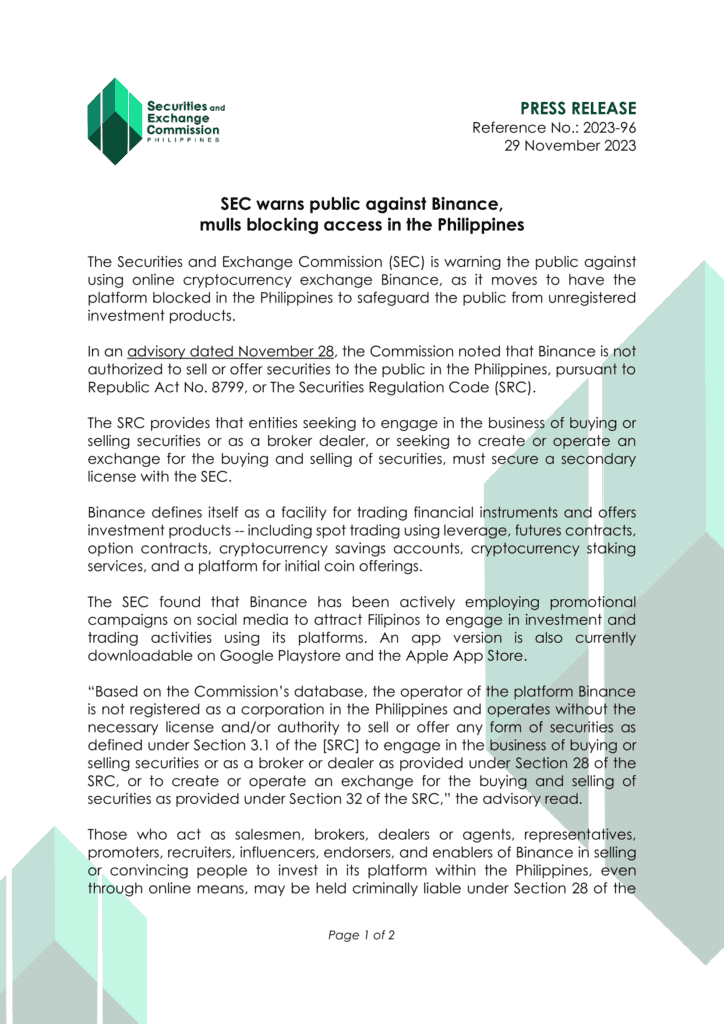 Photo for the Article - [Breaking News] Philippines SEC Issues Advisory Against Binance for Unauthorized Operations