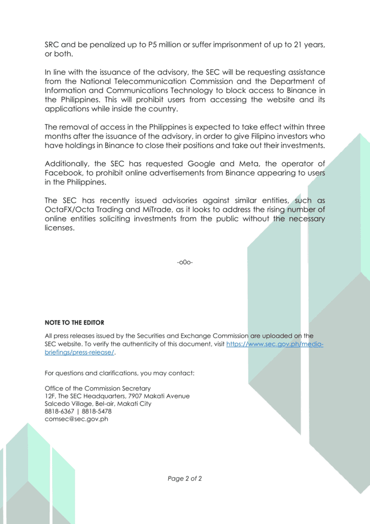 Photo for the Article - [Breaking News] Philippines SEC Issues Advisory Against Binance for Unauthorized Operations