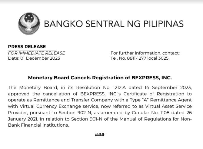 Photo for the Article - BSP Monetary Board Cancels Bexpress' VASP Crypto License