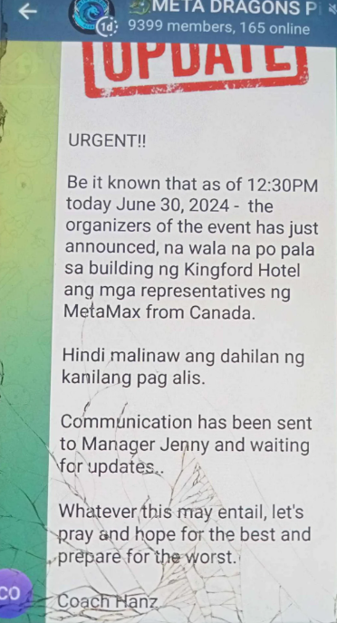 Photo for the Article - Amid SEC Advisory, Metamax Event in PH Cancelled, Wants Investors to Stop Posting on Social Media | Key Points | July 2, 2024