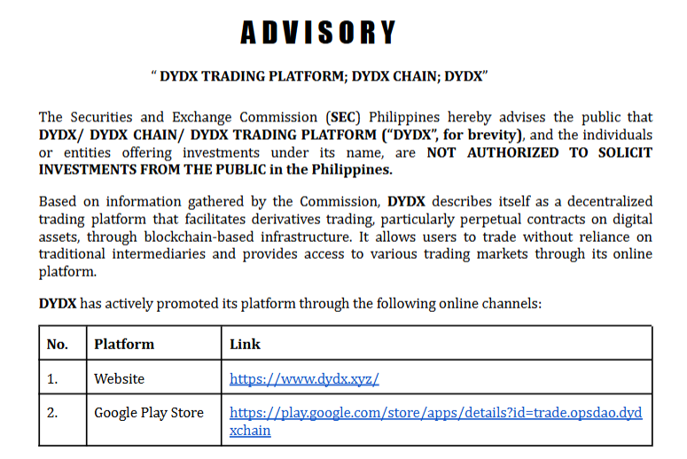 Photo for the Article - SEC Flags dYdX and Other Decentralized Exchanges for Unlicensed Operations in PH